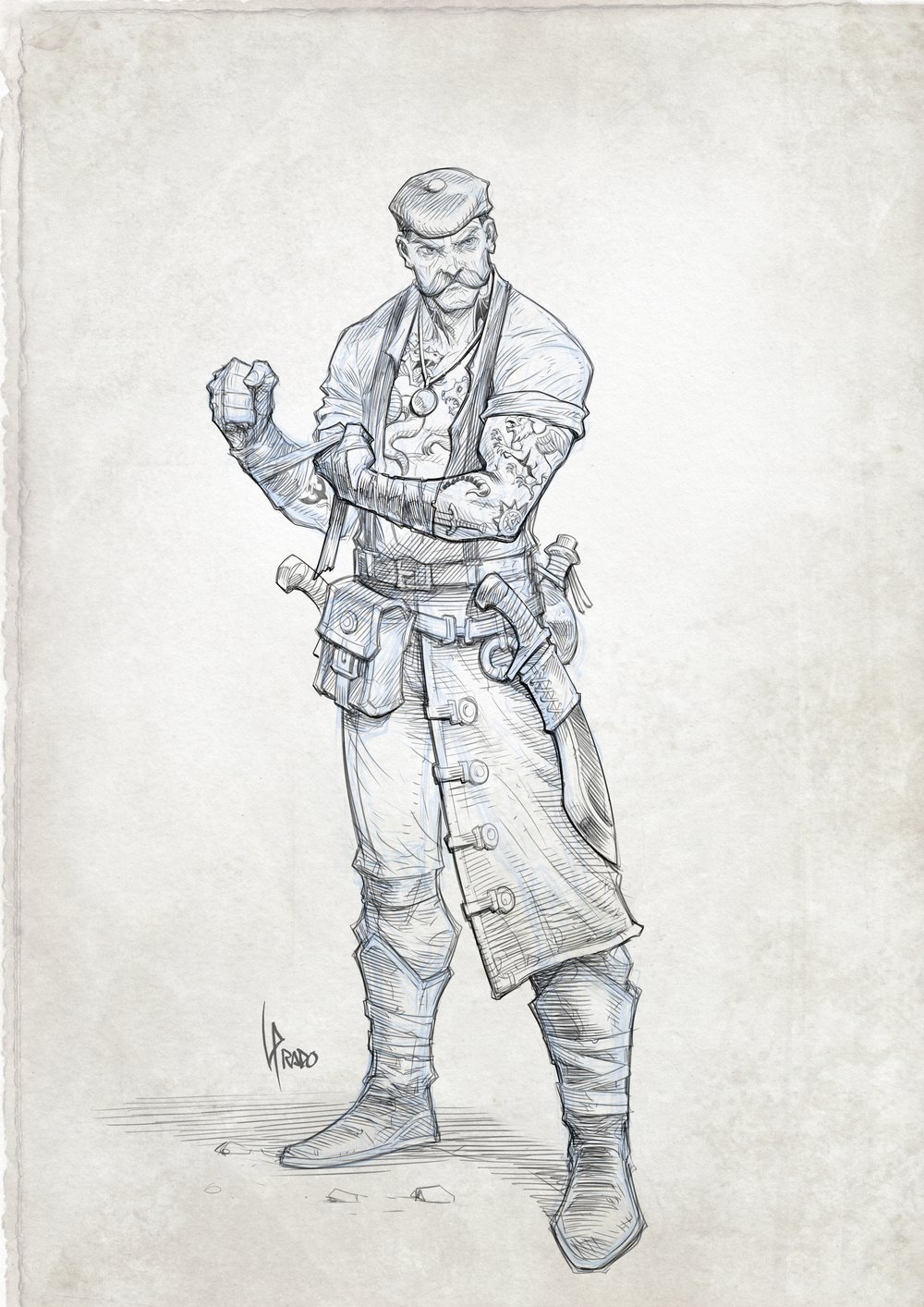 A bare-knuckle brawler in a flat cap, fists wrapped, a warhammer and a heavy blade tucked into his belt